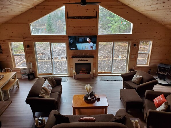 Smart TV, fireplace, books