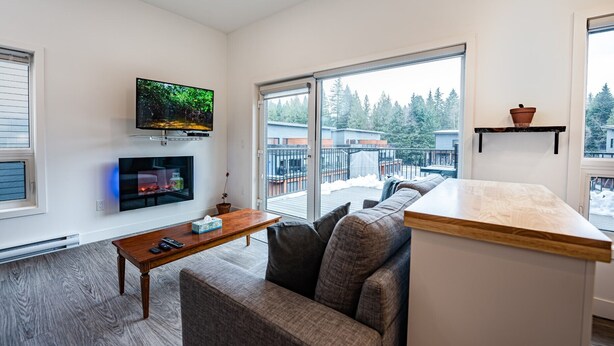 A modern living room with a fireplace, a flat-screen TV, a wooden coffee table, and a sofa.