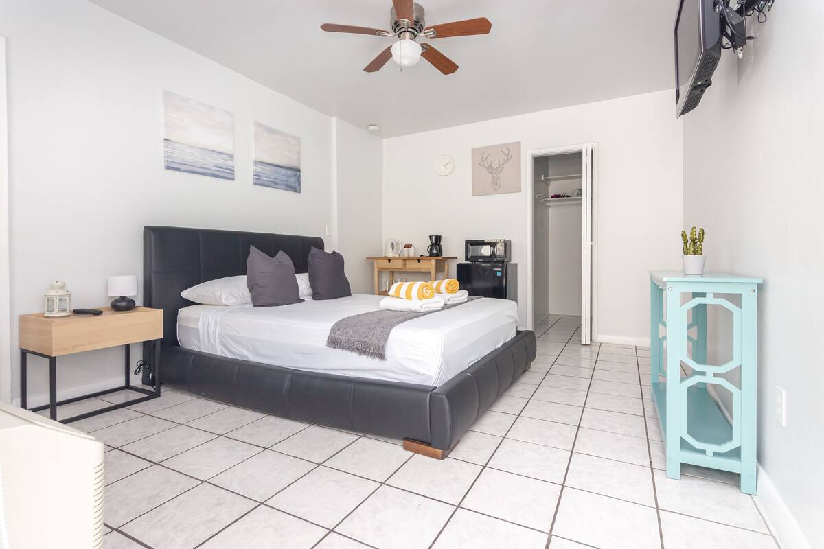A modern bedroom with a large bed, a bedside table, a ceiling fan, and a small table with a plant.