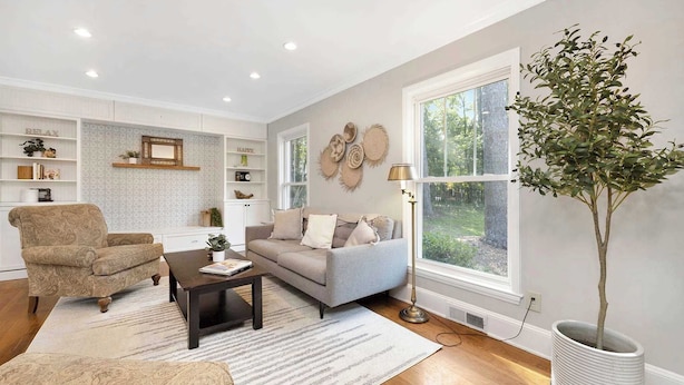 A living room with a sofa, armchair, coffee table, and a potted plant. - Charm of SouthPark - 5 Bedrooms - 1 of a Kind Lot! (Charlotte)