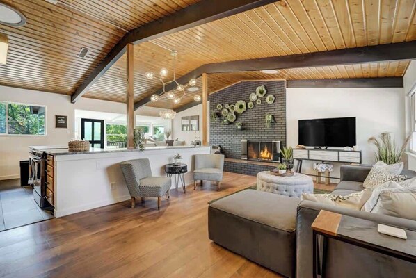 TV, fireplace, table football