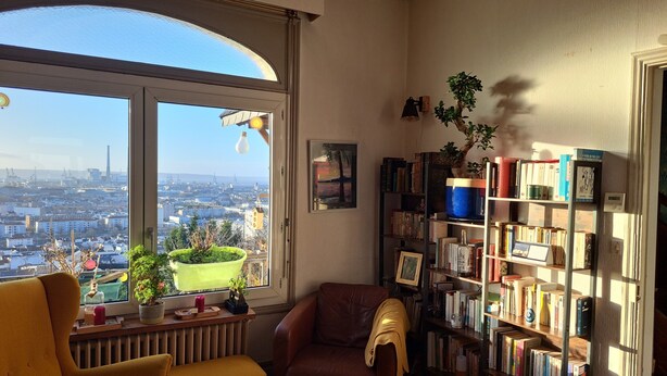 A room with a large window offering a city view, a bookshelf filled with books, a leather armchair, and a small table with a potted plant.