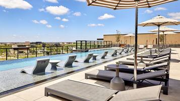 A rooftop pool area with lounge chairs and umbrellas, a clear sky, and a view of the cityscape.