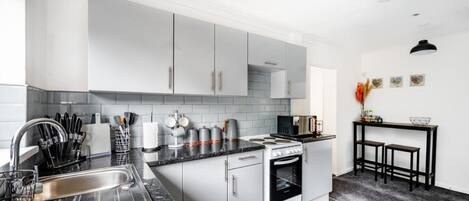 Fridge, microwave, oven, electric kettle