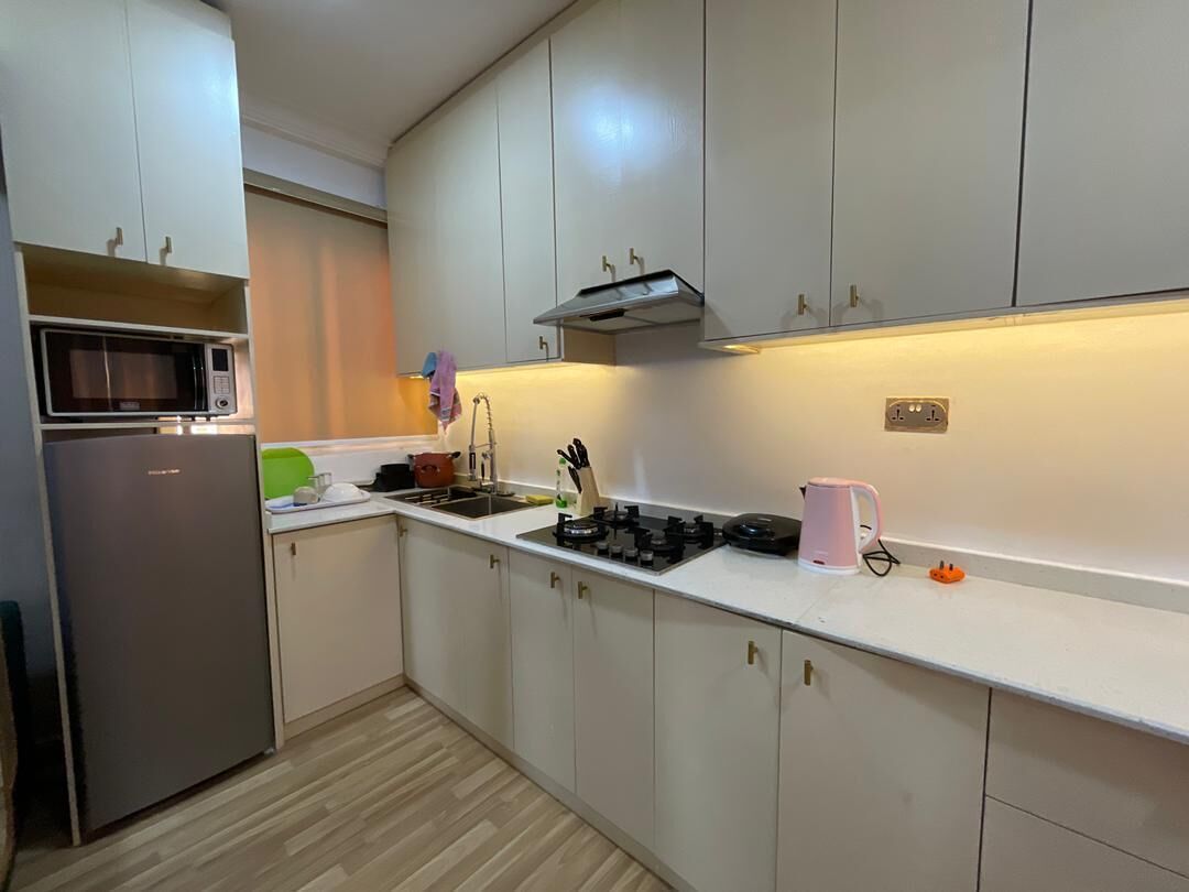 Fridge, microwave, electric kettle, toaster