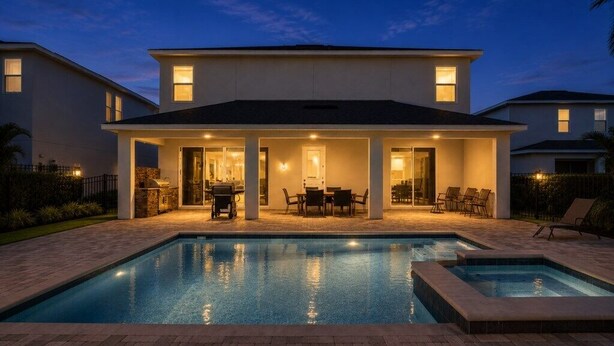 A modern house with a swimming pool, a covered patio, and a well-lit entrance. - 10 Bedrooms/ 10 Bathrooms/ Encore (7709 FD) (Kissimmee)