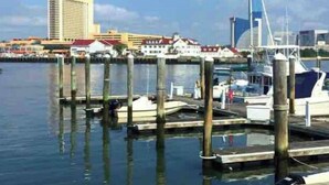 Un puerto deportivo con barcos amarrados, un edificio alto al fondo y una estructura de puente.