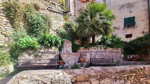 Un mur de pierre agrémenté de deux bancs, une végétation luxuriante et un bâtiment à la façade rustique.