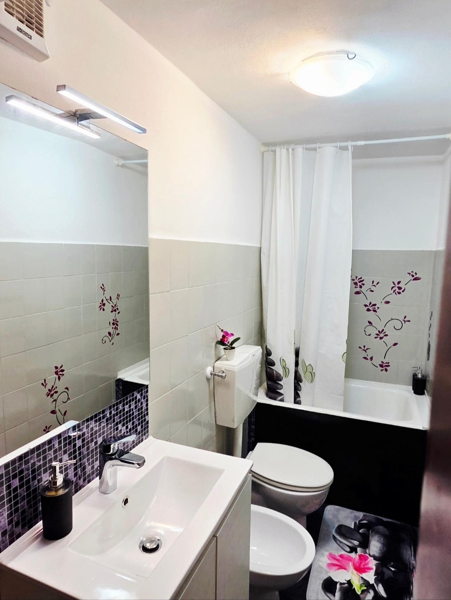 Ducha y bañera combinadas, bañera profunda, secador de pelo y toallas