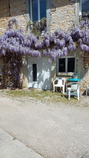 A rustic stone building with a white door and windows, surrounded by purple wisteria vines. There are white plastic chairs and a small blue table outside.