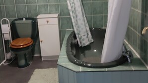 Kylpyhuone, jossa on kylpyamme, wc ja pesuallas.