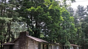 A row of rustic cabins with stone walls and wooden roofs, surrounded by dense forest.