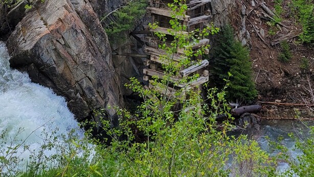 Una baita di legno con una ripida scala che vi conduce, immersa nel verde e con un fiume sottostante.