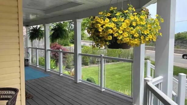 Een overdekt terras met een bloemenmand en uitzicht op een groen gazon en weg.