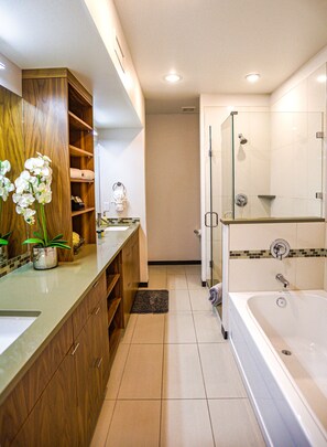 Bathtub, hair dryer, towels, soap