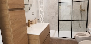 Shower, hair dryer, bidet, towels