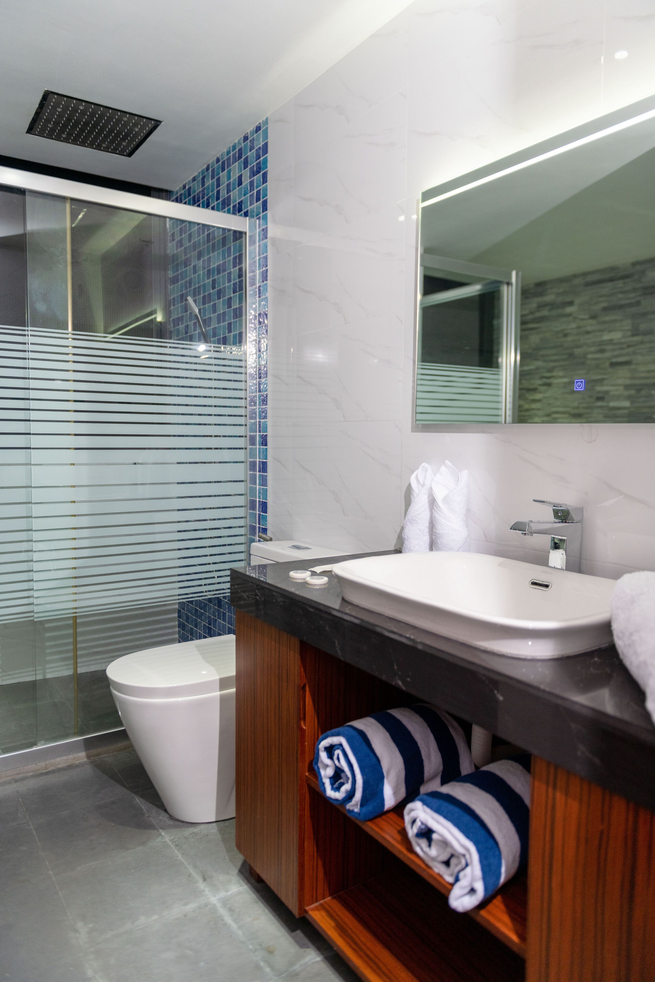 A modern bathroom with a glass shower enclosure, a white toilet, and a vanity with a mirror.