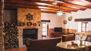 Una sala de estar acogedora con chimenea de piedra, televisión y una mesa de comedor con un jarrón de flores.