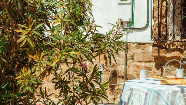 Un espacio al aire libre rústico con zona de estar, una mesa cubierta por un mantel estampado, rodeada de follaje y un muro de piedra.