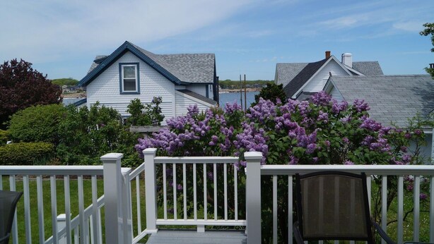 Une maison blanche avec un toit bleu, entourée de fleurs violettes et d’une clôture blanche.