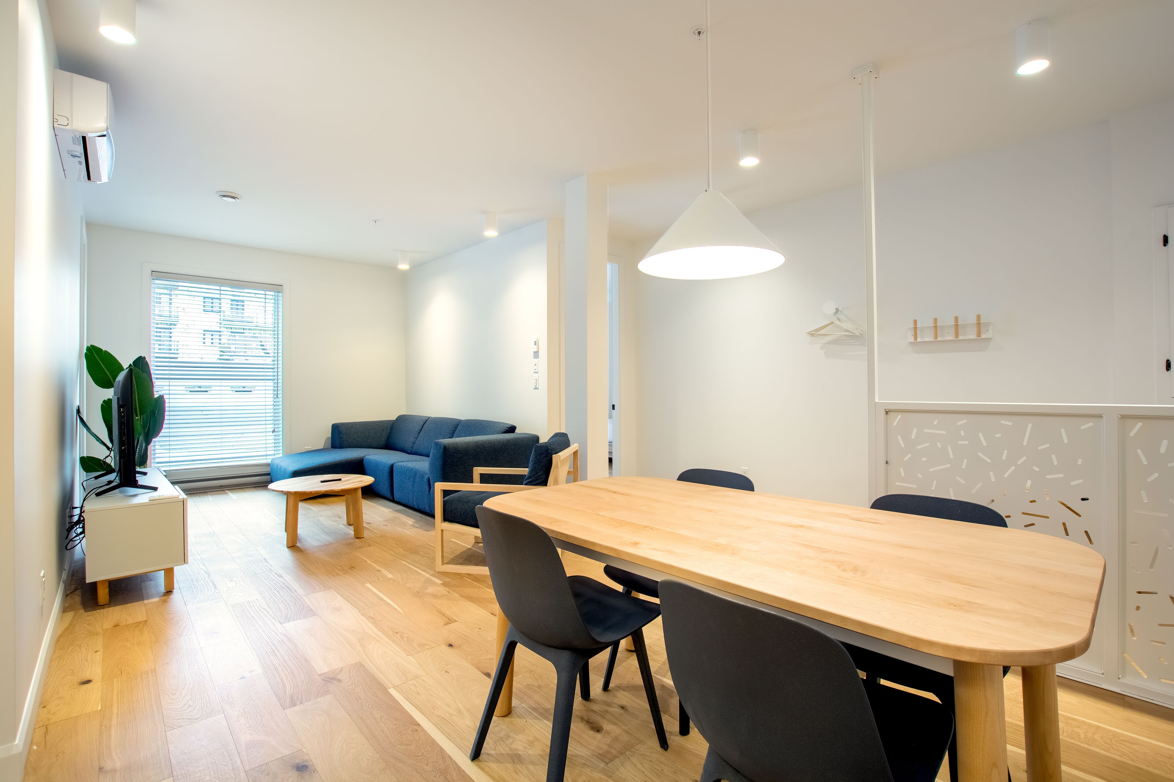 Ein modernes Wohnzimmer mit einem Holzesstisch, einem blauen Sofa und einer Zimmerpflanze.