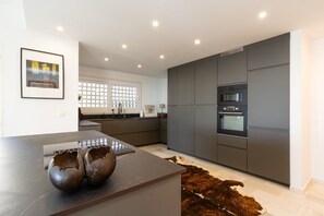 Une cuisine moderne avec des meubles gris, un îlot central et un tapis en peau de vache.