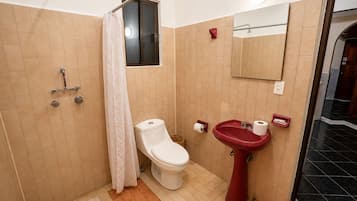 A small bathroom with a toilet, a shower, a sink, and a mirror.