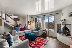 Smart TV, fireplace, DVD player, books