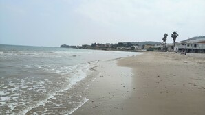Une plage avec un rivage sablonneux, des vagues et une vue lointaine sur des maisons et des palmiers.