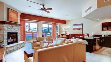 Télévision, cheminée, lecteur de DVD, espaces bureaux