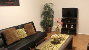 A living room with a black sofa, a coffee table with a decorative vase, a television on a stand, and a potted plant.