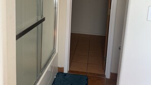A narrow hallway with a glass door on the left, a dark mat at the entrance, and a white door at the end leading to a closet.