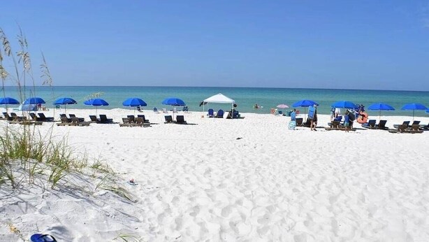 A beach with rows of sun loungers and blue umbrellas, a white tent, and clear blue skies. - 2BR/2BA Beach front Sleep8 Balcony-Gated Community (Panama City Beach)