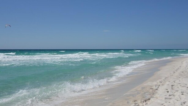 A beach with clear turquoise water and a sandy shore. - Gone to the Beach Gulf Front Studio Pet Friendly (Navarre Beach)