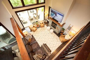 Smart TV, fireplace, DVD player, foosball