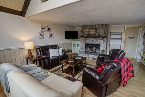 Smart TV, fireplace, DVD player, books