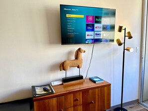 Un téléviseur fixé au mur affiche l’interface Roku TV, qui propose différentes options de diffusion en continu.