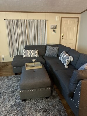 Smart TV, fireplace, books, stereo