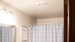 A bathroom with a white vanity, a toilet, a shower curtain, and a mirror. - 2 Bedroom, 1 Bathroom Convenient Green Bay Getaway (Bellevue)
