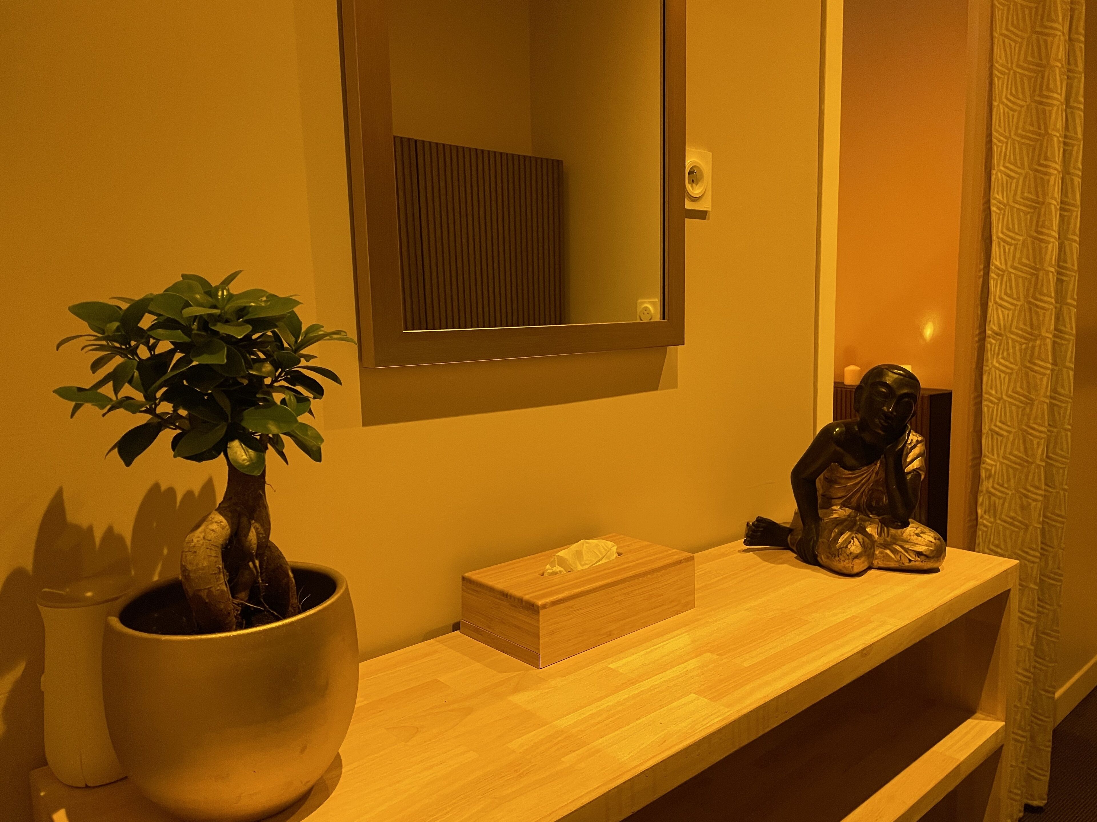 A bathroom with a wooden vanity, a potted plant, a mirror, and a statue.