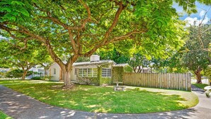 A house with a large tree in the front yard, a wooden fence, and a paved driveway.