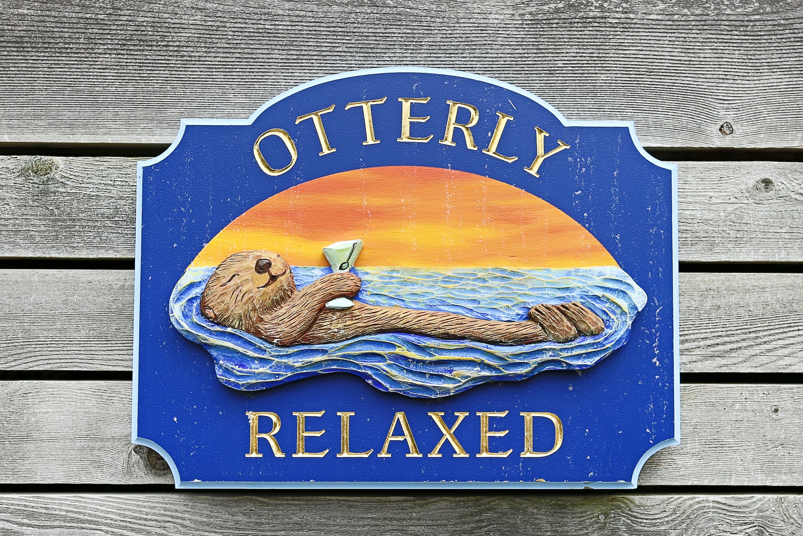 A sign with a relaxed otter and a sunset background.