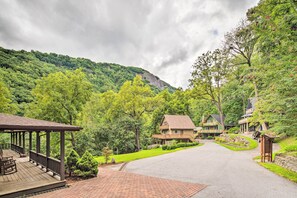 Property grounds - Deck w/ Fireplace: Pet-Friendly Lake Lure Retreat (Lake Lure)