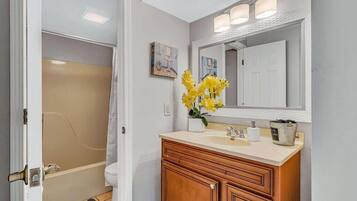 Bathtub, hair dryer, towels