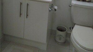 Un bany amb un lavabo blanc, un mirall i un vàter. Hi ha productes de tocador sobre el lavabo i un safata de recollida al costat del vàter.