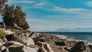 Un rivage rocheux offrant une vue dégagée sur la mer et les montagnes lointaines.