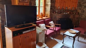 A cozy living room with a television, red sofas, a fireplace, and stone walls.
