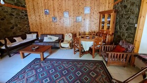 A cozy living room with wooden walls, a stone accent wall, a patterned rug, and a dining area with wooden furniture.