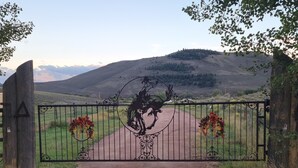 A gated entrance with a decorative metal gate, a path leading through, and a mountainous landscape in the background.
