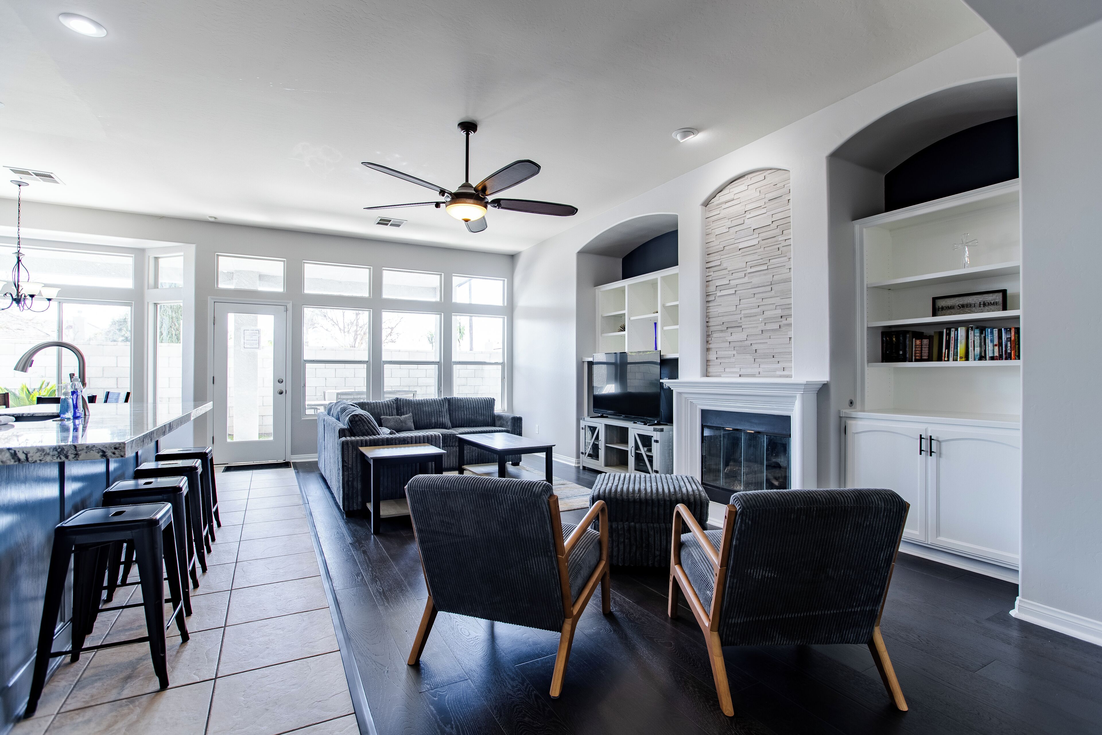 Smart TV, fireplace, video games, DVD player